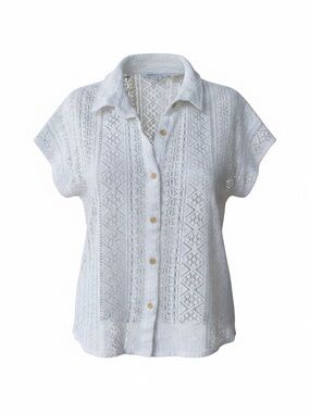 Lightweight White Crochet Button-Down Shirt - Short Sleeve